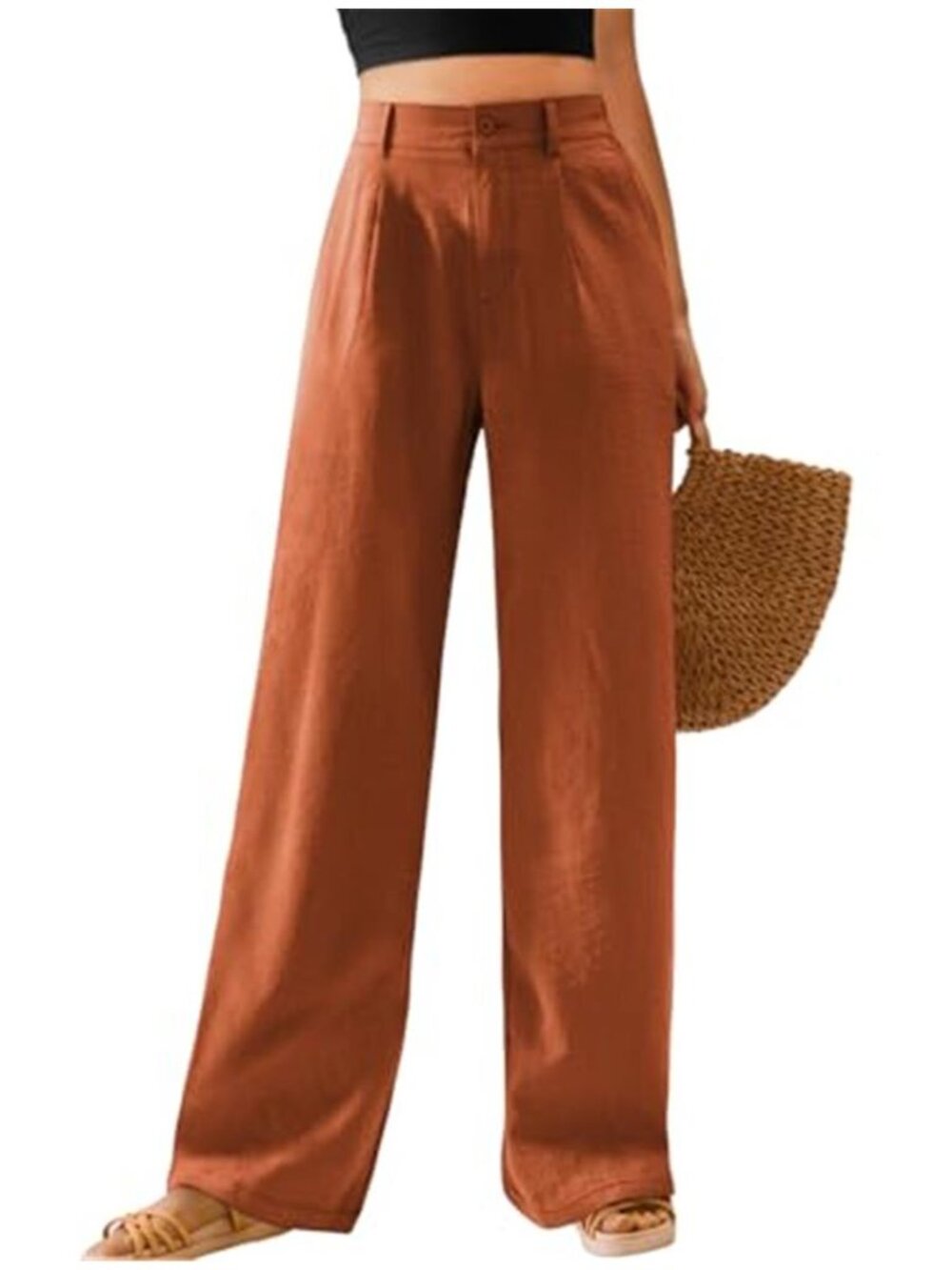 High Waist Wide Leg Palazzo Pants Button Elastic Waist Deep Pockets Orange